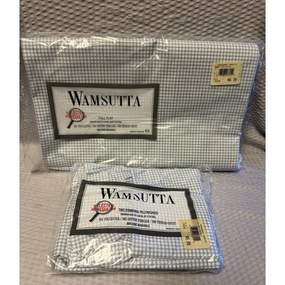 VTG Wamsutta Supercale Plus Full Flat Sheet 2 Pillowcases BLUE Gingham Sealed